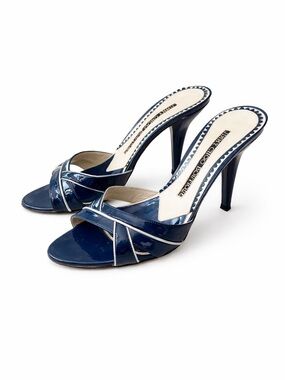 Jimmy Choo Blue Patent Leather Slide Heels Crisscross Sandals Size 38 US 7